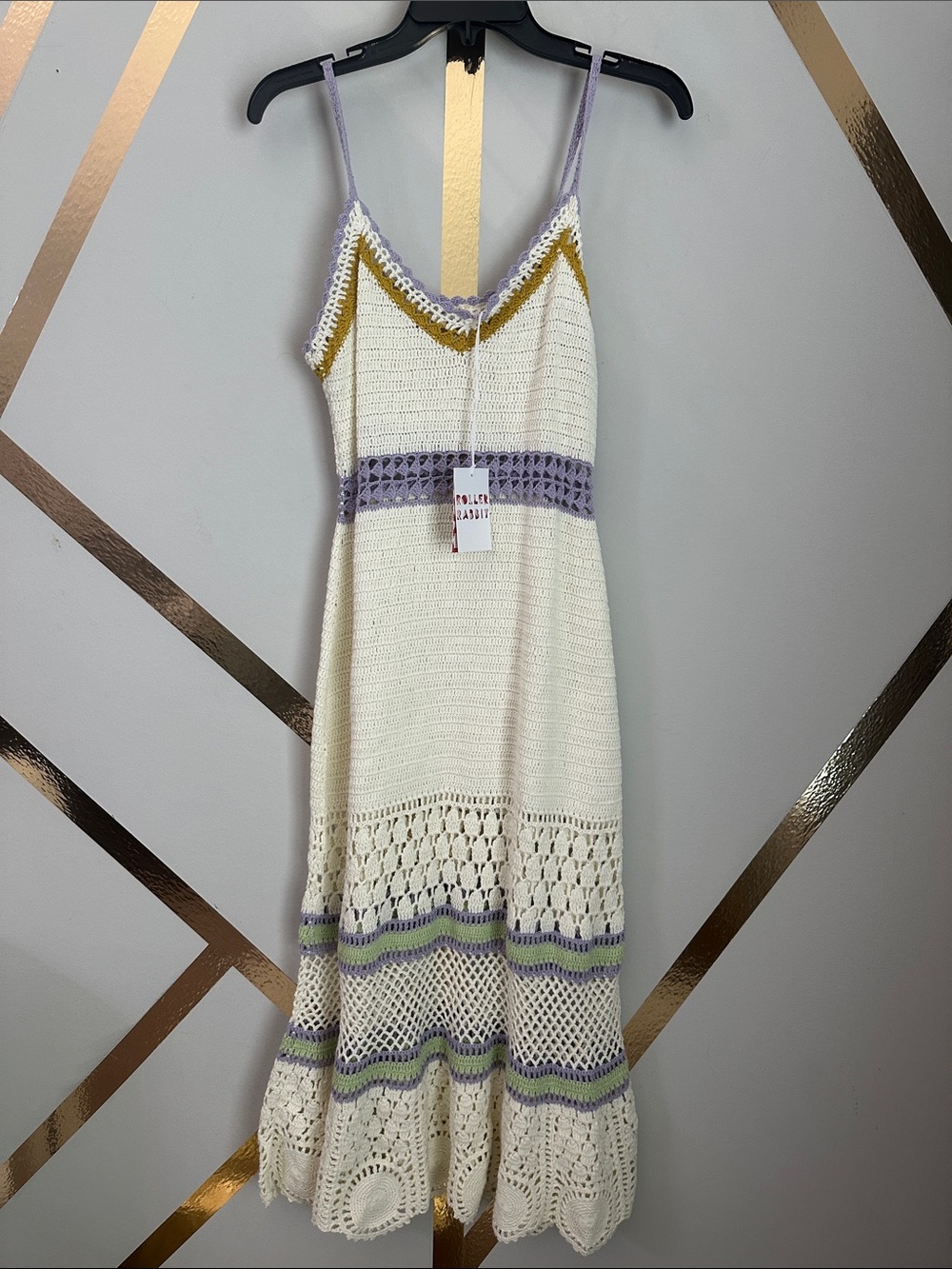 Roller Rabbit Cream Crochet Maxi Dress with Lilac & Mustard Trim